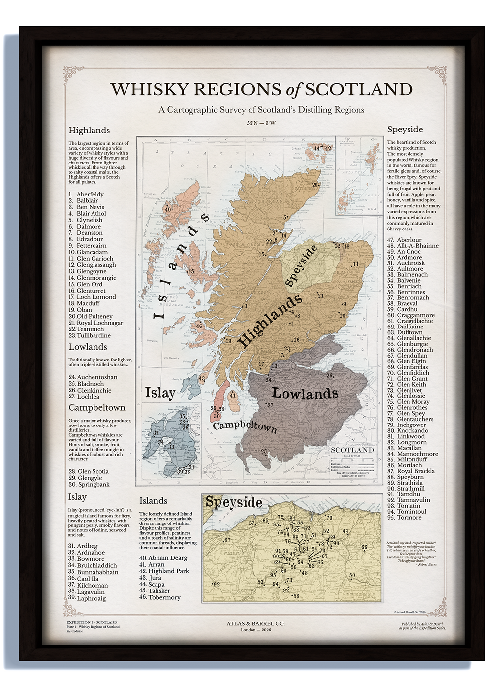 Map of whisky regions of Scotland with a black frame.