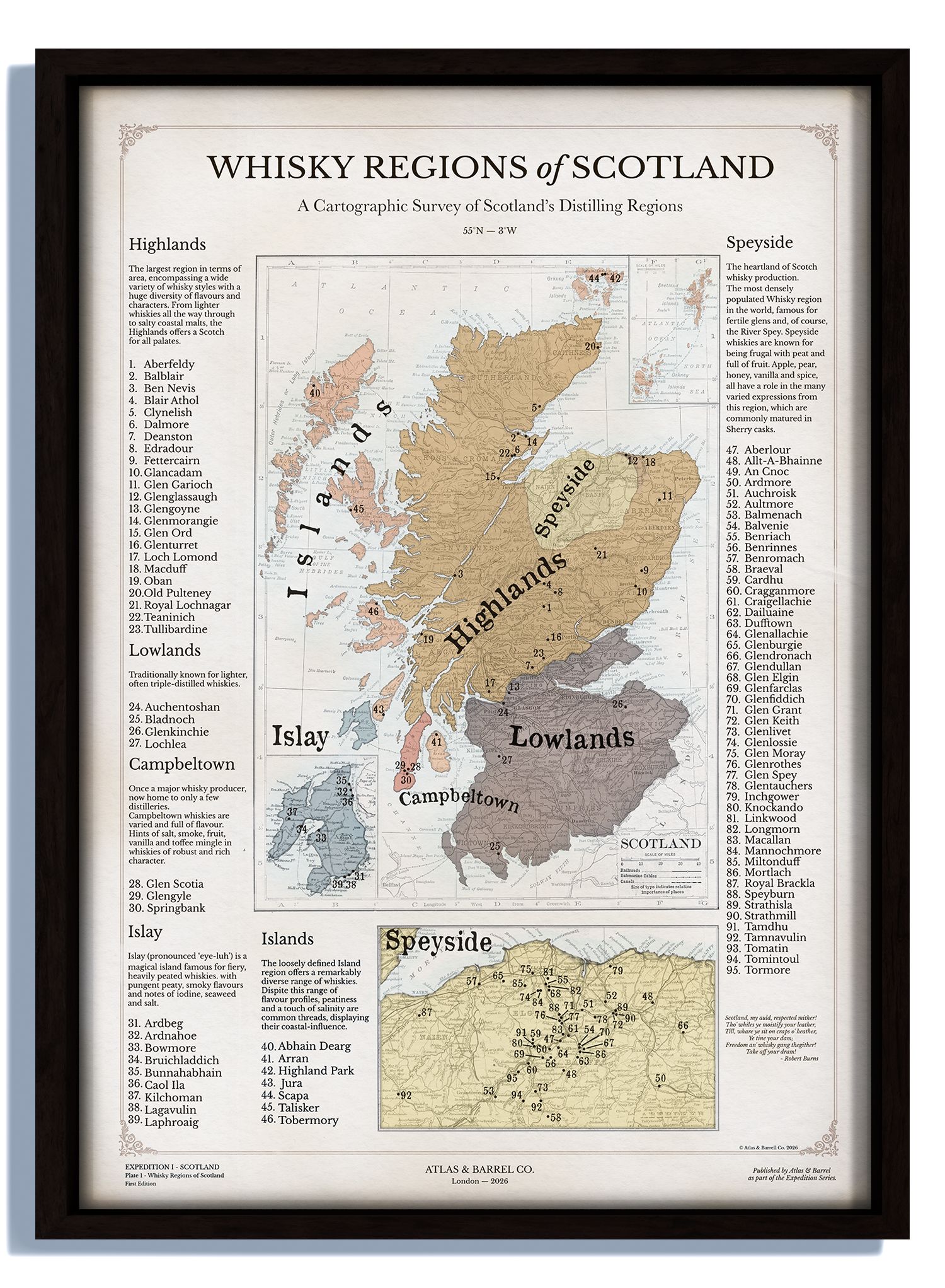 Map of whisky regions of Scotland with a black frame.
